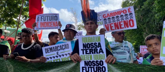 Indígenas marcham em uma fileira e elevam pôsteres com textos como: "Garimpo é veneno" e "O futuro é indígena"