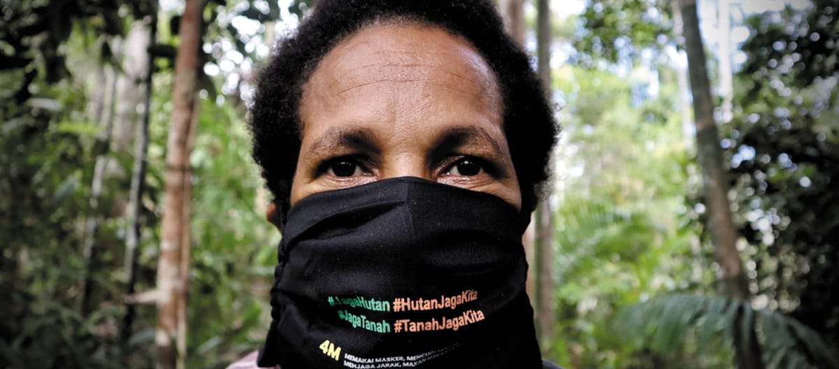 Mulher de papua com máscara  "Protejam a floresta - a floresta nos protege"
