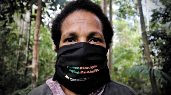 Mulher de papua com máscara  "Protejam a floresta - a floresta nos protege"