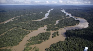 Vista aérea de paisagem fluvial na Amazônia