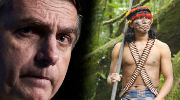 Fotomontagem: Um retrato do Presidente Bolsonaro à esquerda é justaposto a um indígena com uma zarabatana, dardos envenenados e um touca de penas à direita
