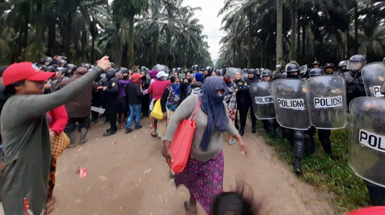 No lado esquerdo, um grupo maia protesta, enquanto no lado direito unidades policiais munidos de capacetes protetores e escudos partem para cima dos povos originários das florestas