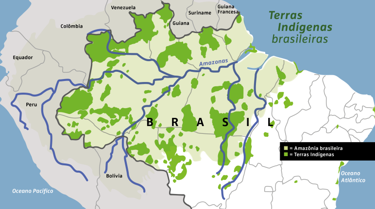 Mapa da Amazônia brasileira e áreas adjacentes com territórios indígenas