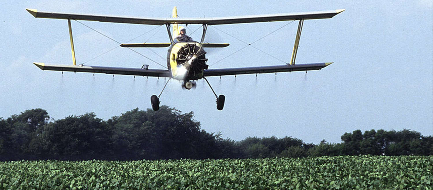 Um avião pulveriza pesticidas num campo de soja