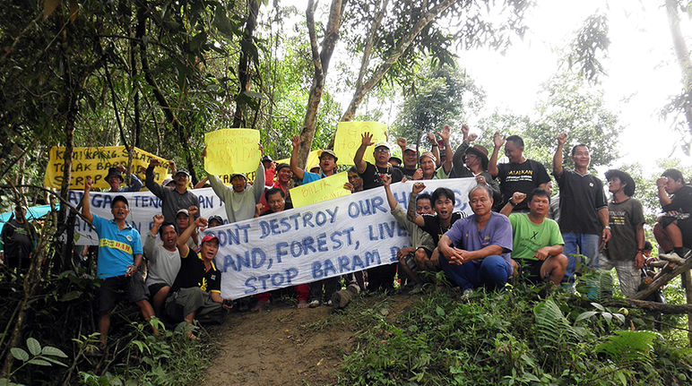Indígenas protestam contra a barragem de Baram com estandartes na floresta tropical de Sarawak